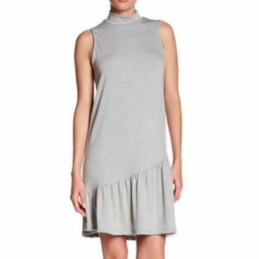 NWT! NORDSTROM ABOUND Grey Mock Neck Asymmetrical Ruffle Hem Sleeveless Dress